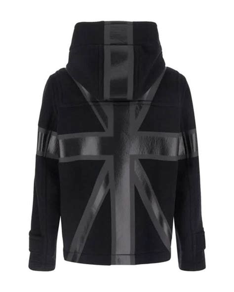 Burberry Black Union Jack Hooded Wool Blend Jacket